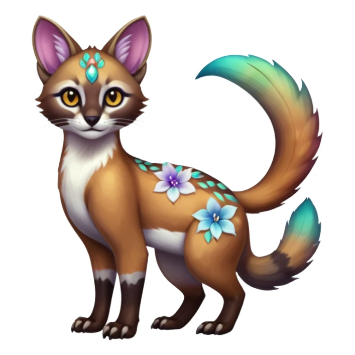 Colorful dark tropical white iridescent glorious divine exotic cute cool beautiful shiny beautiful floral fantasy-caracal-civet-genet-sergal-vernid-Cacomistle-oncilla-animal-Fakémon-hybrid-fursona (full body) sticker