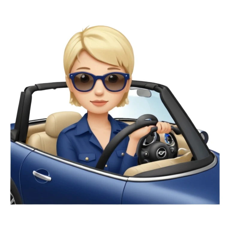 navy blue convertible Mini Cooper, with short, blonde colored haired woman driving - update woman to fair skinned sticker
