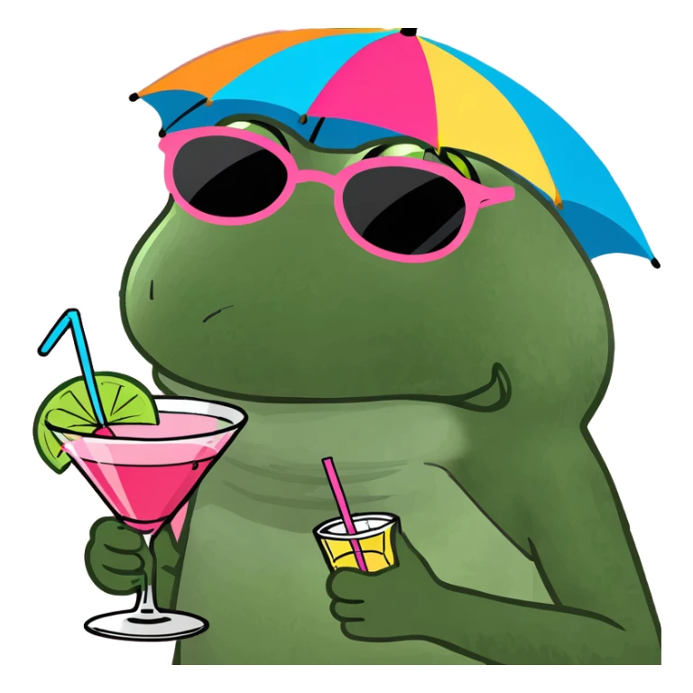 Bufo frog in a jumping pose, with rainbow umbrella hat, round sunglasses, holding a pink cocktail, classic Bufo meme style sticker