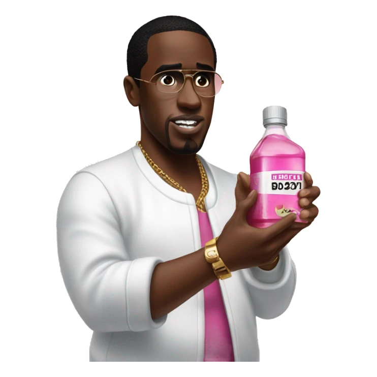 sean combs holding pink labeled oil sticker