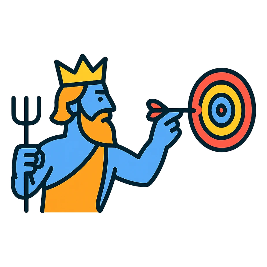 Neptune aiming at a dartboard, modern icon style sticker