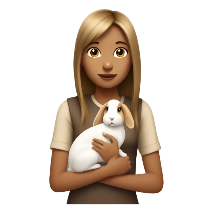 A bit tan girl with straight hair and light bangs holding a white and brown rabbit sticker