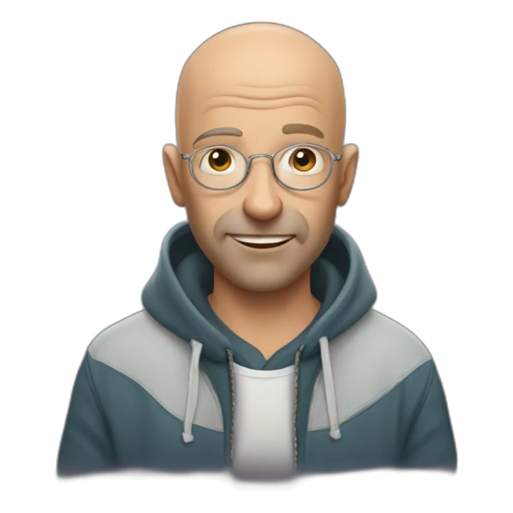 50 year old friendly bald guy in a hoodie holding a harmonica sticker