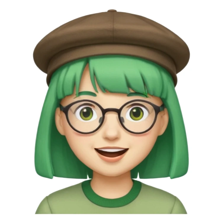 bangs, cute hat, green hair very happy and glassess sticker