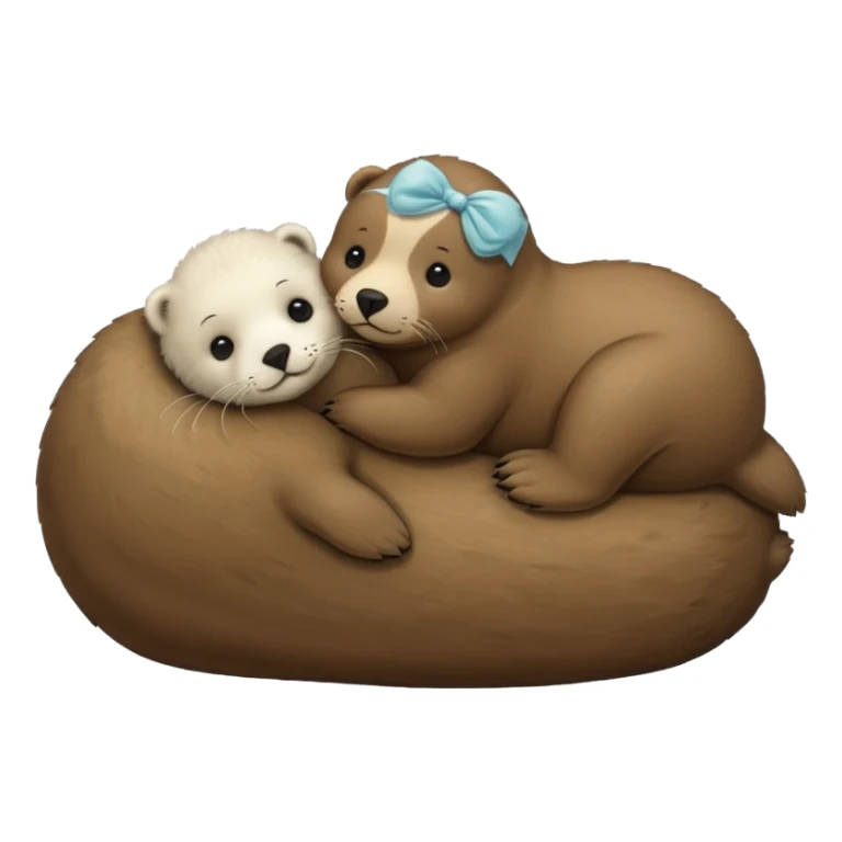 tiny white seal laying on a big brown bear’s belly sticker