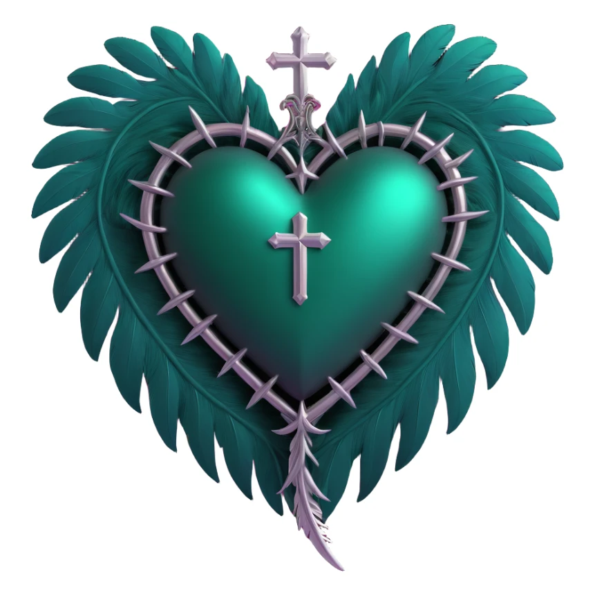 gothic heart, dark emerald velvet, silver cross, feather details, lush and gothic sticker
