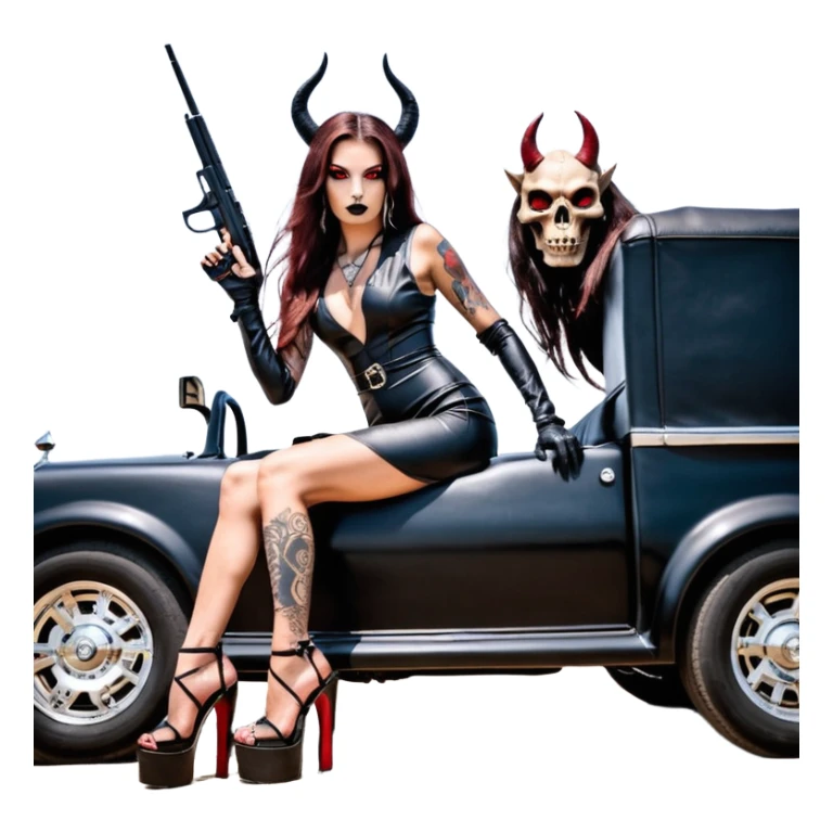 Lilith model red eye sexy black  devil horns.  long brown haired sexy succubus woman with leather long dress slit, sitting on big Large rolls royce truck. Black Platform high heels on feet. Tattoo sleeve arms, dead human skull of her ex skull is on top of stack of cash and a gun in  hand sticker