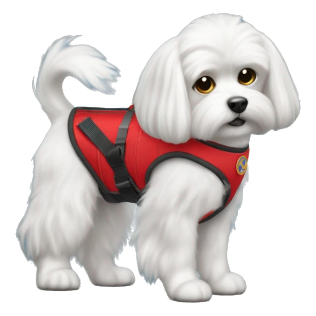 Maltese wearing a red service dog vest with to bleck straps sticker