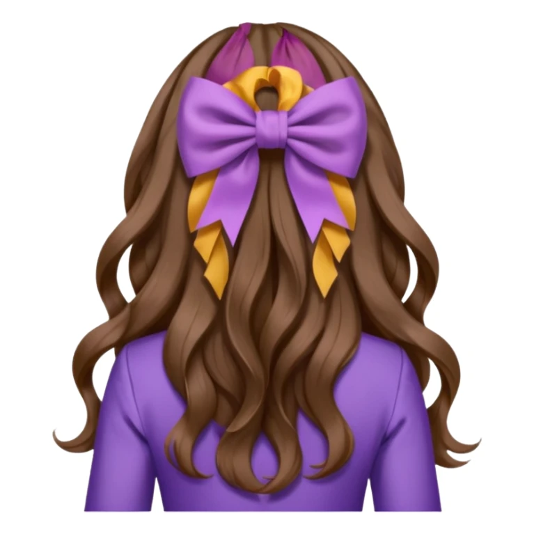 long wavy brown hair from behind with a medium lilac bow sticker