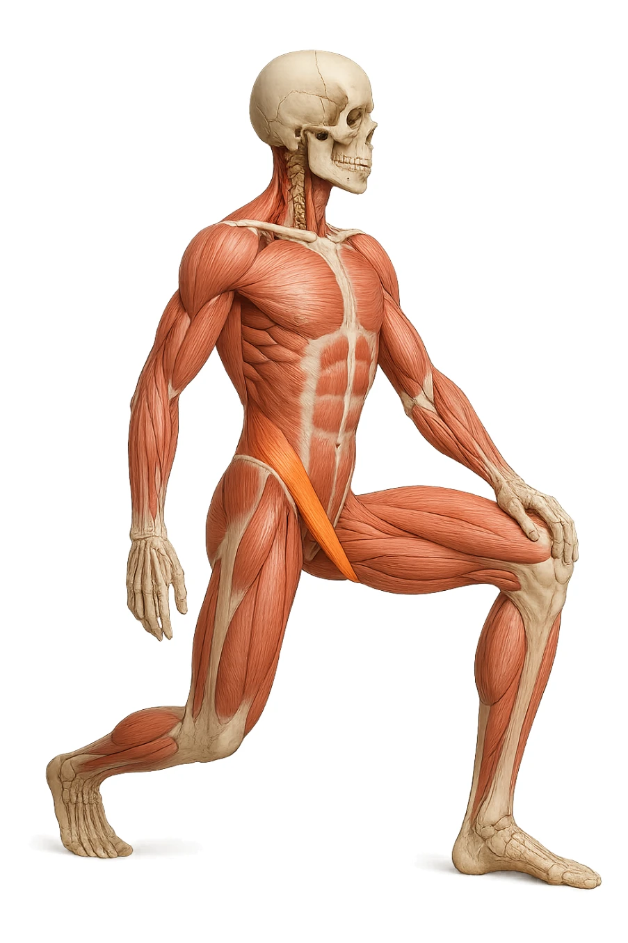corpo umano anatomico realistico che fa stretching allungando il muscolo PSOAS, isolato su sfondo bianco sticker