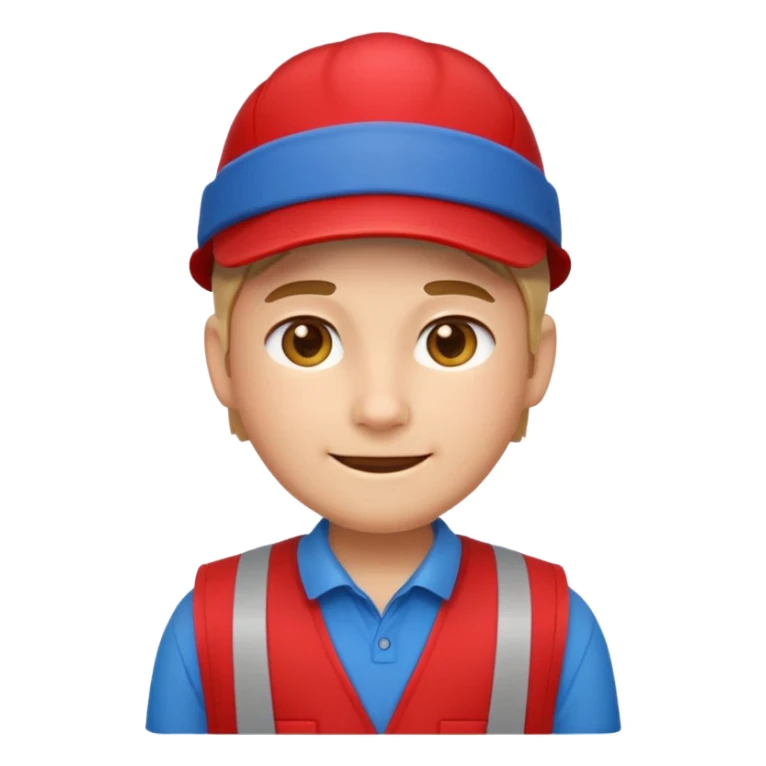 front-facing emoji-style character, Apple emoji style, Lowe’s store associate look, red vest, blue shirt, blue cap, soft smile, rounded face, sticker-like outline, no logos or text sticker