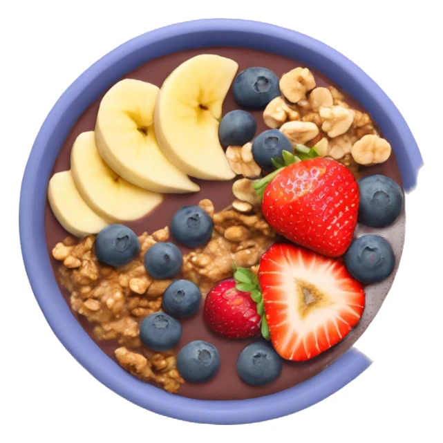 Acai bowl with blueberries, peanut butter, strawberries, granola and banana sticker
