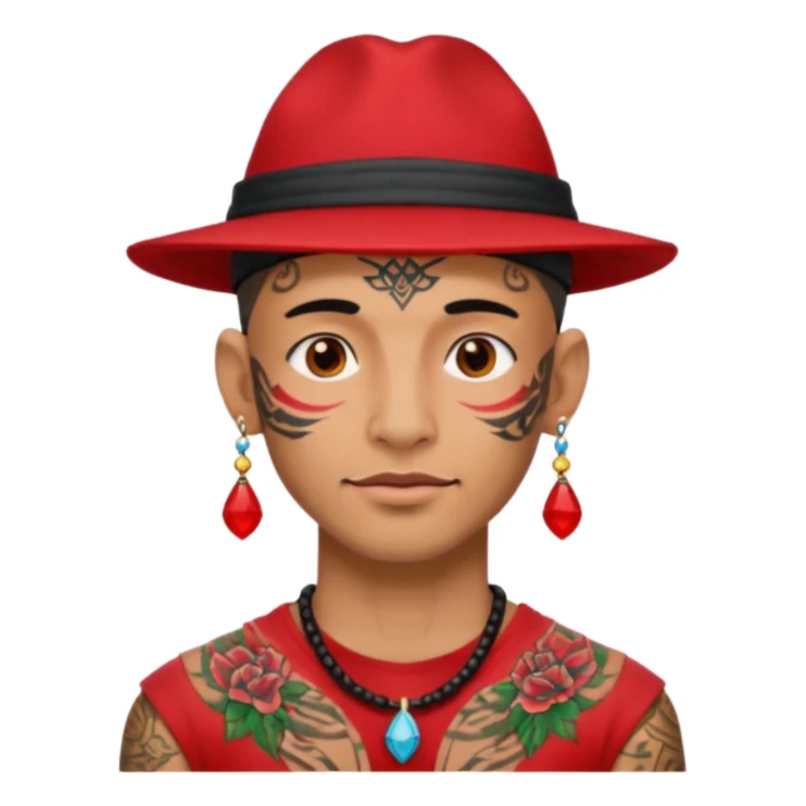 unique looking tourist with big unique red tourist hat and earrings, man with lots of tattoes sticker