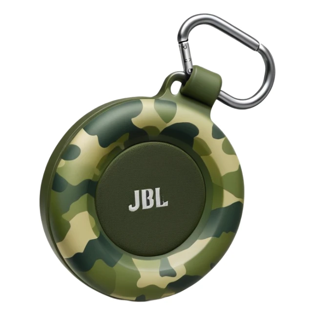 Minimalist JBL Clip 4 speaker with accurate circular shape and integrated carabiner clip at top, green camouflage pattern, iOS emoji style sticker