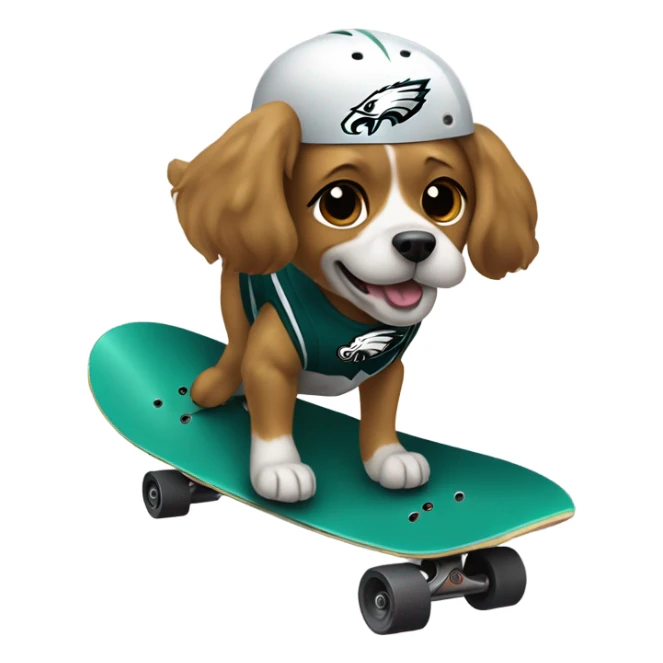 Dog riding skateboard with Philadelphia eagles helmet sticker