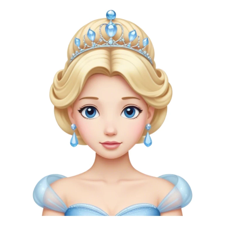 Cinematic Majestic Cinderella Portrait Emoji, rendered in a realistic, vector-style with clean, bold shapes. Depict Cinderella with a refined, noble expression, her fair skin luminous and her long blonde hair styled in an elegant updo, adorned with a delicate tiara. Her attire is a simple, sparkling ball gown that radiates soft pastel hues, glowing with a soft, majestic light and a subtle glowing outline, epitomizing classic royal beauty. sticker