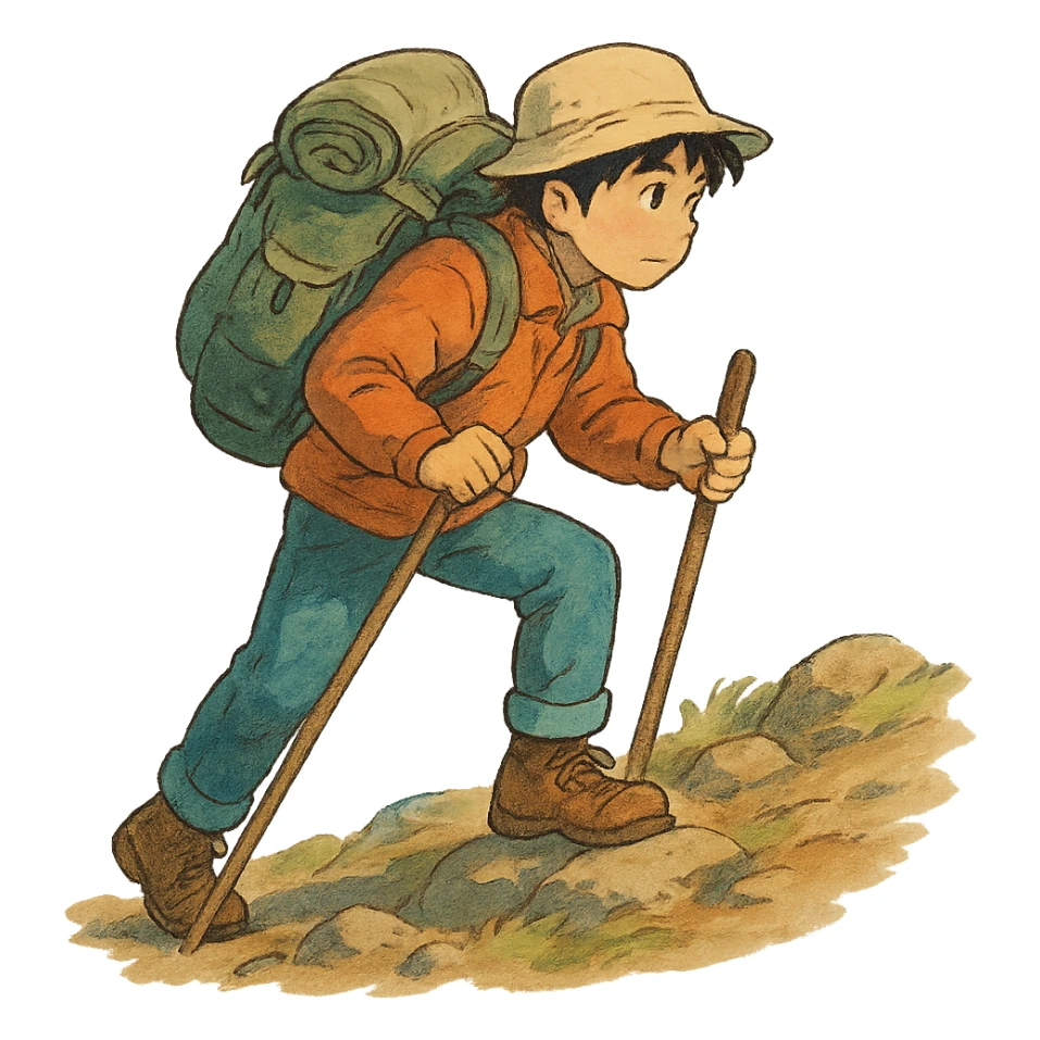 person hiking, ghibli style illustration sticker