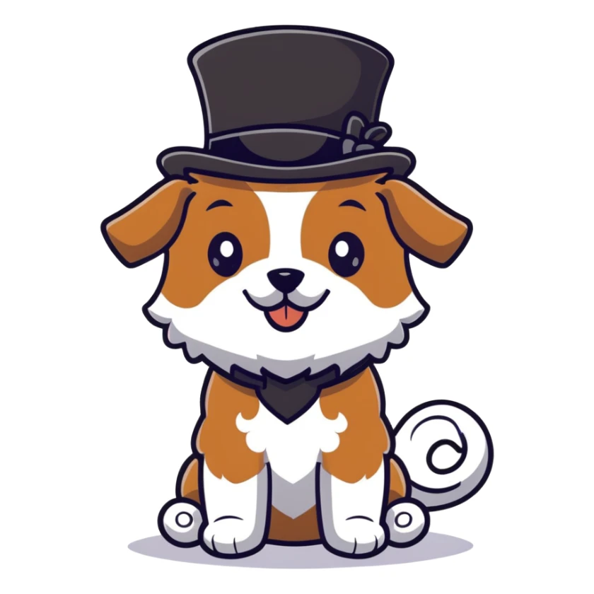 cute small tan and white dog with black nose, black round eyes, curly fluffy medium length hair, wearing a top hat sticker