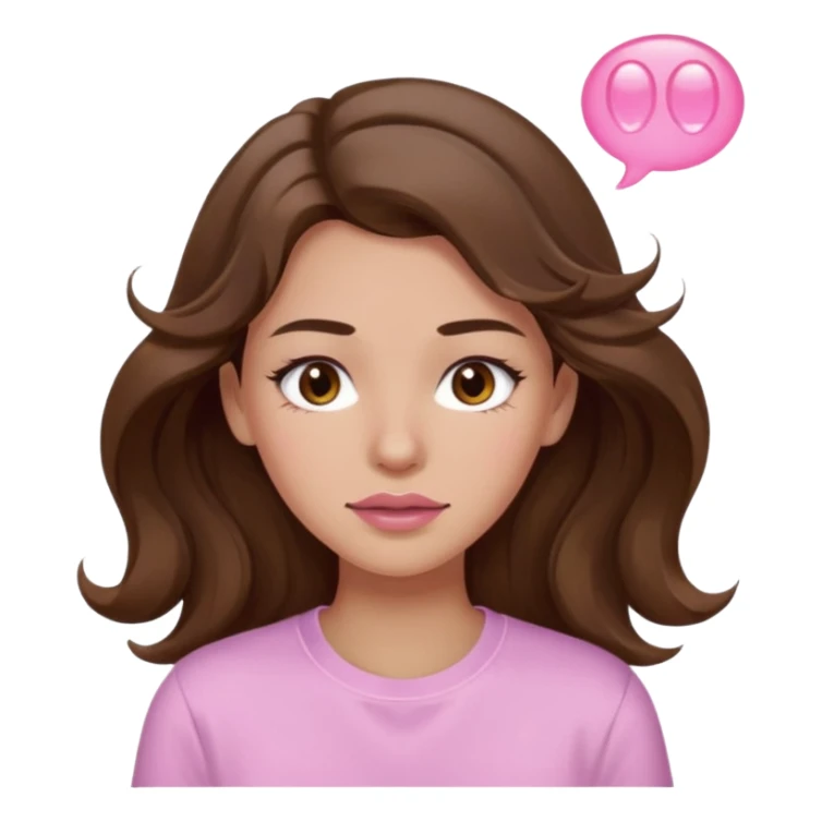 girl with wavy long brown hair, brown eyes, light to medium complexion, long lashes, light pink lipstick, wearing light pink shirt, sweat drops on the forehead sticker