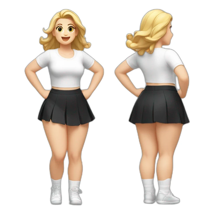 full-body-caucasian-curvy-beauty-jumping-short-black-skirt-back-and-front-views-strong-wind-white-knickers-long-white-socks sticker