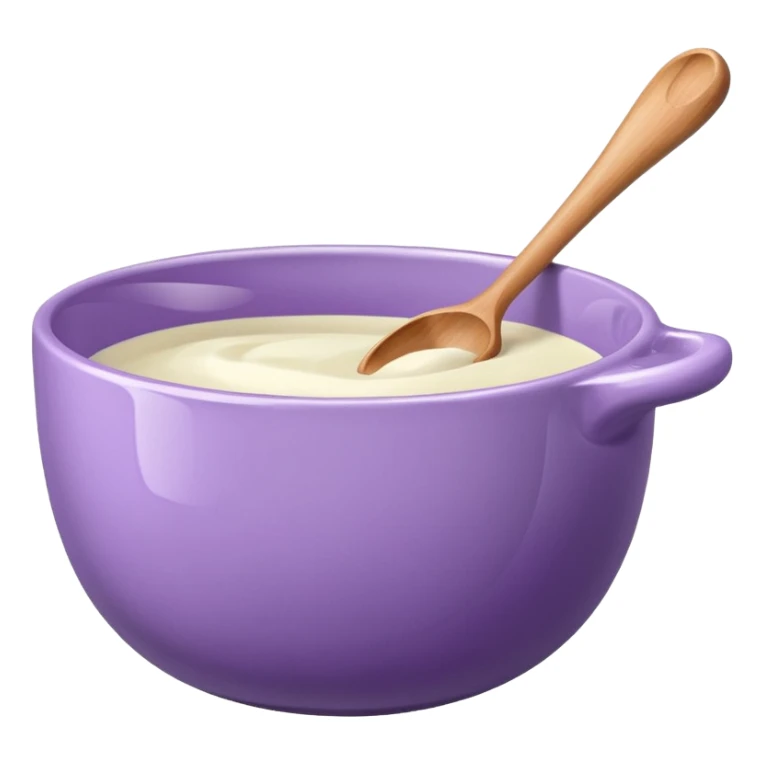 a lilac ceramic mixing bowl with a wooden spoon stirring sticker