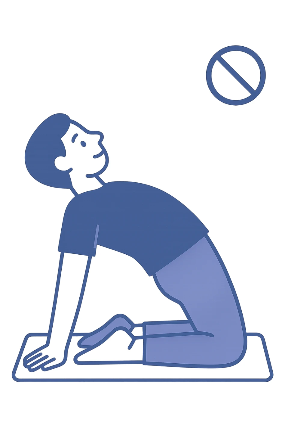 vertical illustration of a person doing passive back stretching on a mat, with a prohibition icon or signal indicating not suitable for asymmetry, educational style, no background sticker