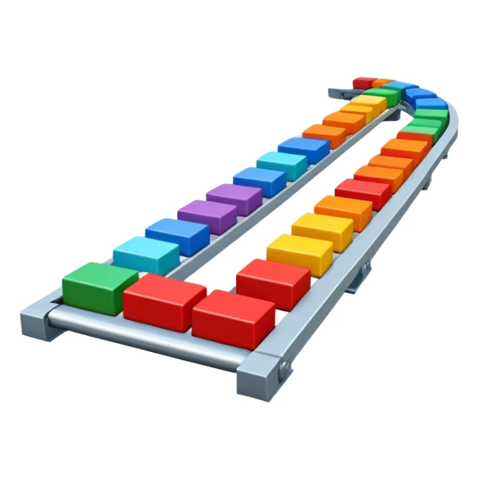 Conveyor belt moving small colored blocks in a row, representing an automated system sticker