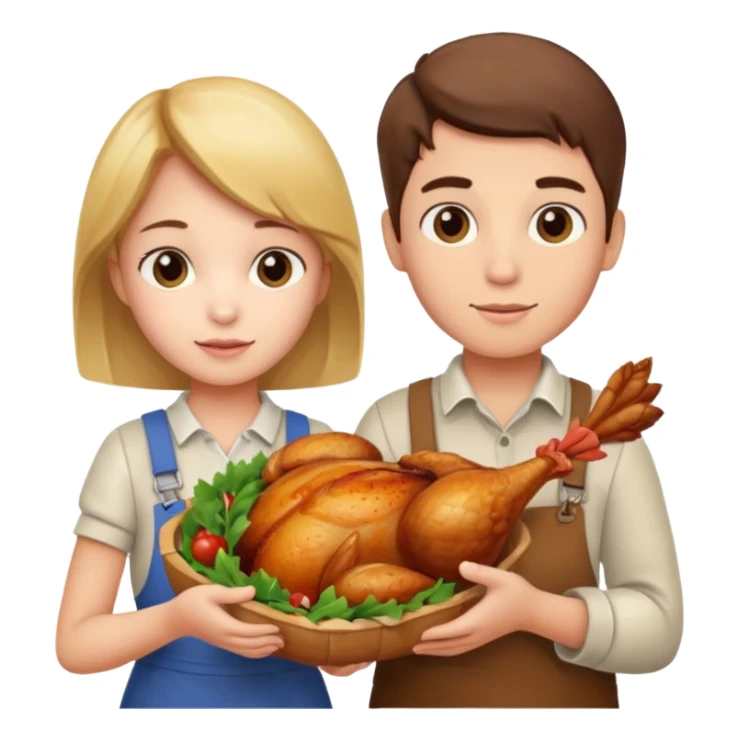 Boy and girl carrying a chicken meat sticker