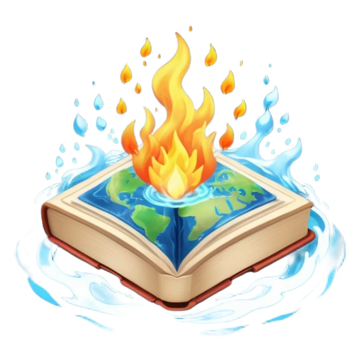 magical elemental book, glowing, surrounded by fire, water, earth, and air sticker