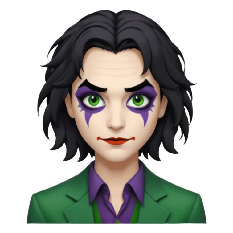 Faça uma pessoa com cabelo preto pouco bagunçado e pouco grande com cara de coringa sticker