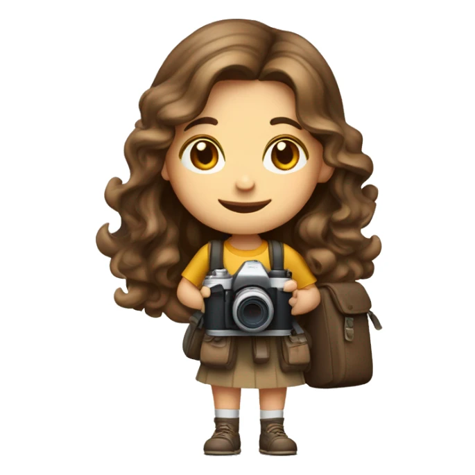 A photographer Girl, with a camera and a backpack ,long soft curl brown hair, White skin, Brown eles, sticker