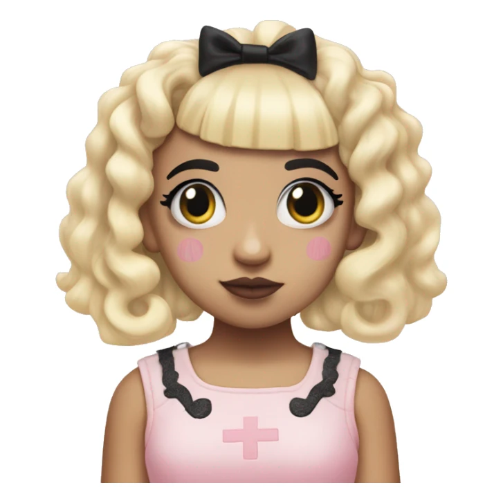 The singer melanie martinez with split dye hair, Blonde and black, Wearing a pastel pink dress with k-12 written on it sticker