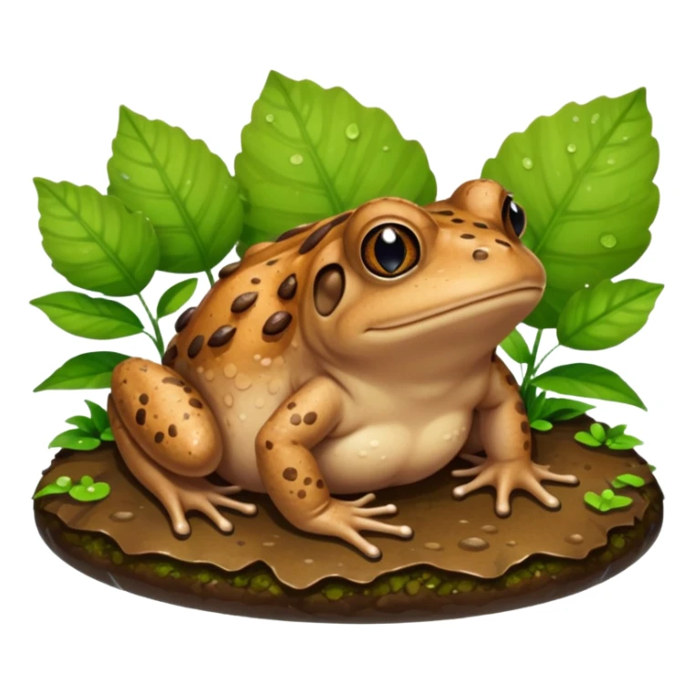 A brown toad sitting on wet ground near a pond, rough bumpy skin, natural light, green leaves around, realistic wildlife photo. sticker