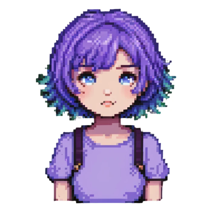Girl with short purple hair, pixel art style sticker