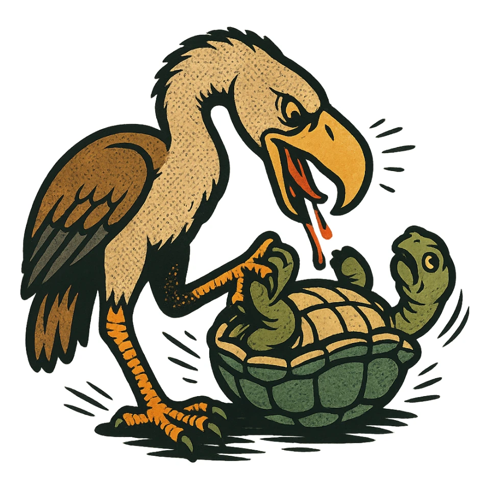 an insignia for a flag: a strange foreign alien bird creature, resembling a prehistoric phorusrhacos, gripping a upturned tortoise with a claw with its' beak tearing down into it
 sticker