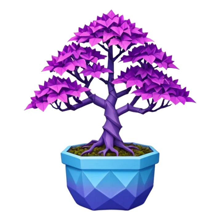 Futuristic alien maples Bonsai hair-fine-leaf group crimson crystal azalea purple and cream blue forest planting in origami style pot  sticker