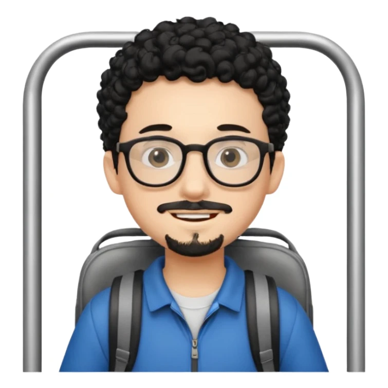 A young boy DEVELOPER WITH A backpack, black curly short hair, wearing glasses, a thin goatee, his skin is white, riding a bus sticker