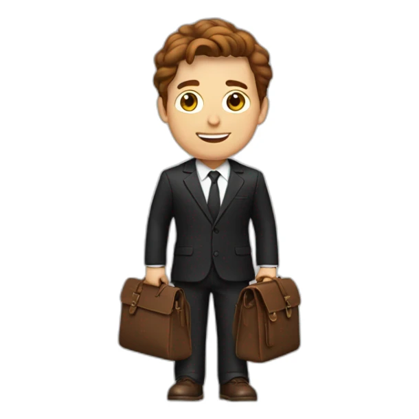 wite man in black suit with brown locks and work bag sticker