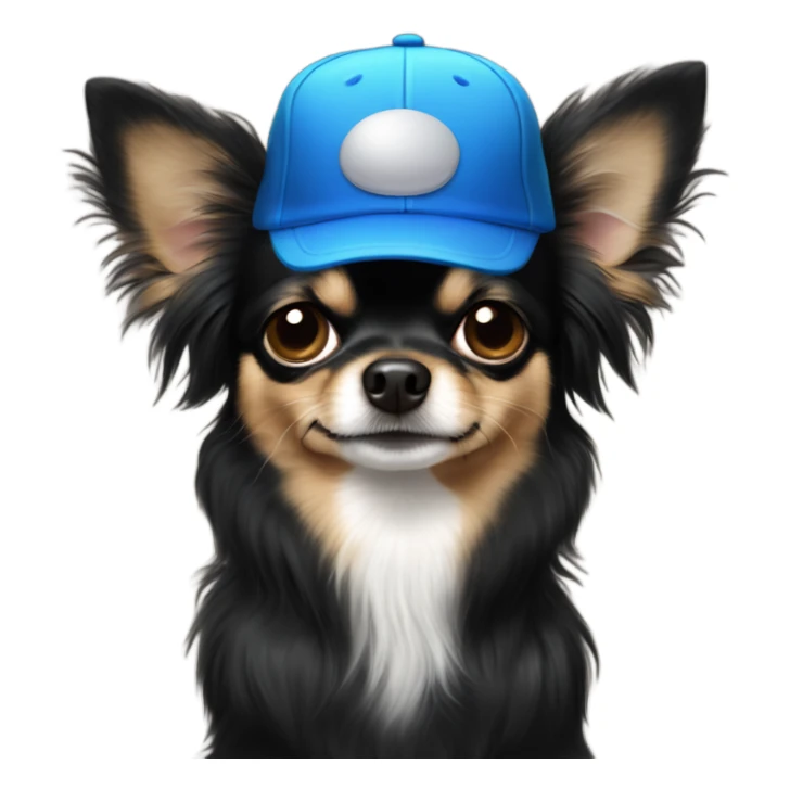 cute all black long haired Chihuahua held by old blue eyes man with goatee and ball cap sticker