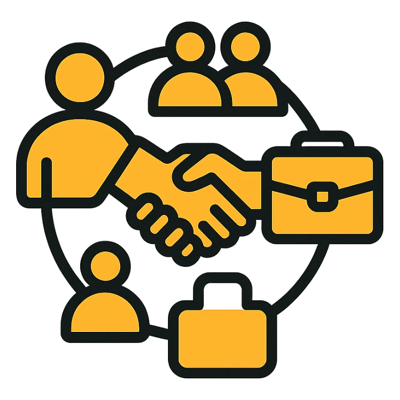 abstract minimal logo design, Volio logo centered, orange-yellow dominant colors, modern HR symbols person, group, handshake, briefcase integrated in balanced futuristic tech-style, high contrast, white background, simple professional sticker