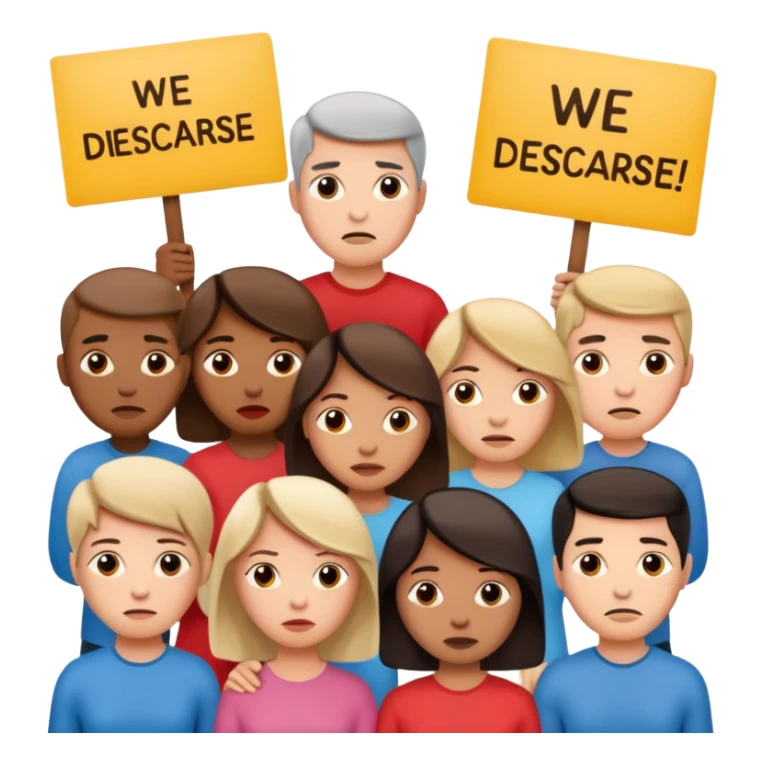 a crowd of people with unhappy faces and holding placards with the inscription: we disagree sticker