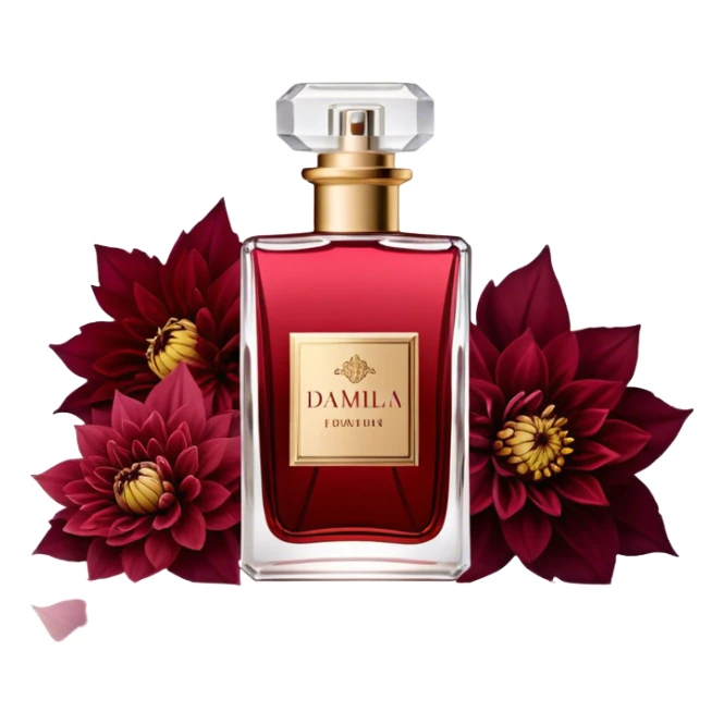 A luxurious glass perfume bottle in Soft Blush with a delicate vintage design, surrounded by a rich arrangement of Scarlet and Burgundy Dahlias, reflecting the beauty of deep red hues. sticker