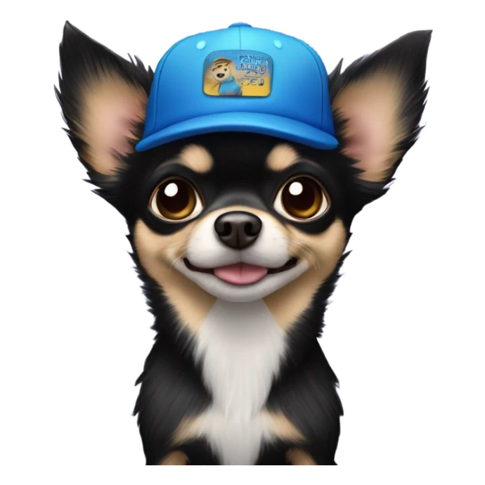 cute black long fur Chihuahua held by old blue eyes man with goatee and ball cap sticker
