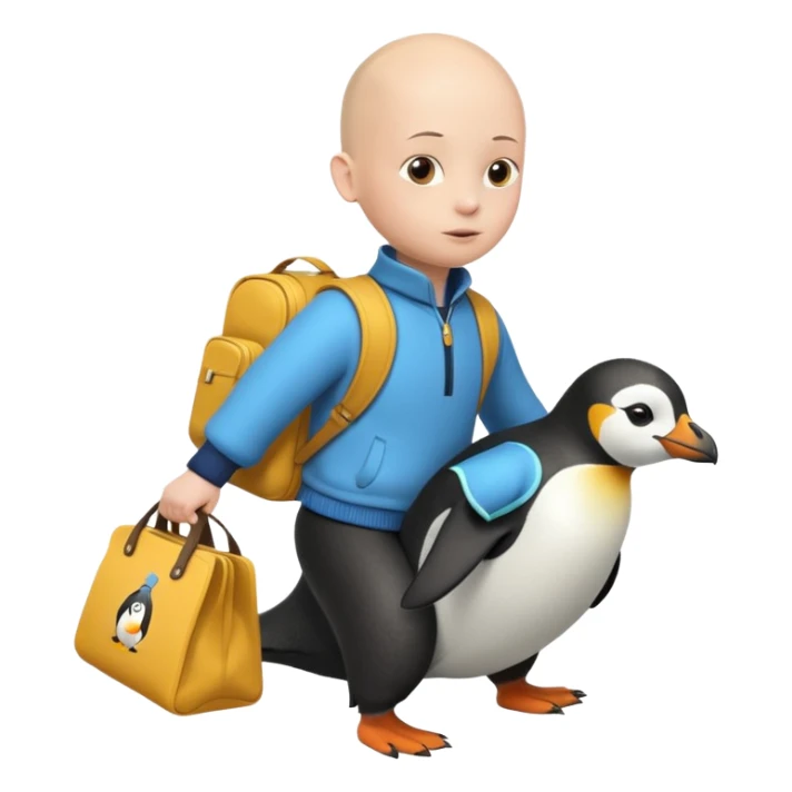 Una persona, vestida con ropa característica de peru sin pelo montado a espaldas de un pingüino con una bolsa de la empresa de reparto glovo en la espalda sticker