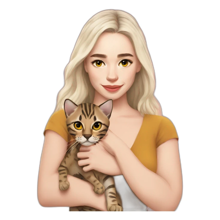 Emilia Clarke holds a Bengal cat with yellow eyes sticker