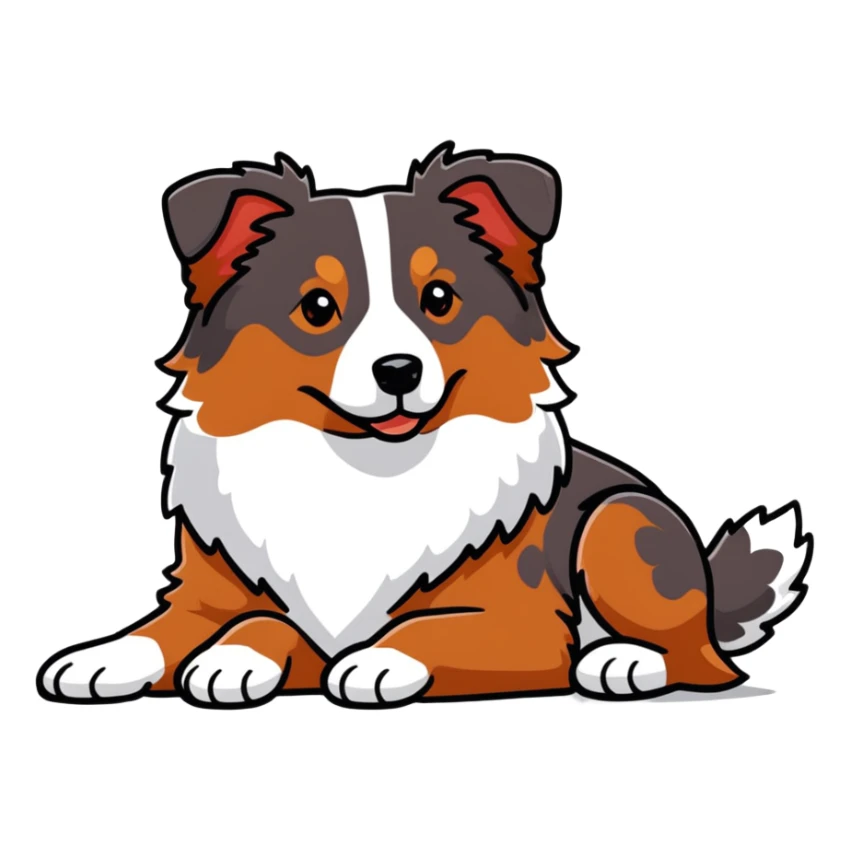 Red merle Australian Shepherd dog laying down, reddish-brown and white spotted coat, fluffy fur sticker