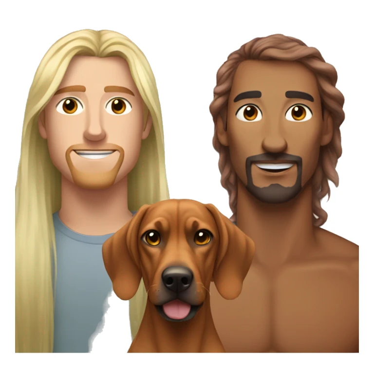 white male with long rainbow colored hair standing alongside a brown rhodesian ridgeback sticker