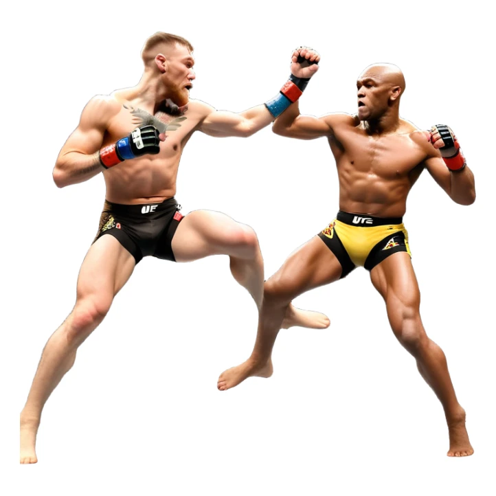 An MMA showdown between Conor McGregor and Anderson Silva in the octagon. McGregor is executing a jumping strike, while Silva skillfully deflects the attack. The background shows the UFC octagon with roaring fans and vibrant energy. Transparent background. sticker