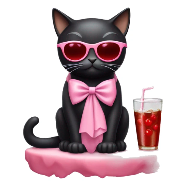 A black cat wearing a little light pink bow, red oval sunglasses, and drinking a cherry cola  sticker