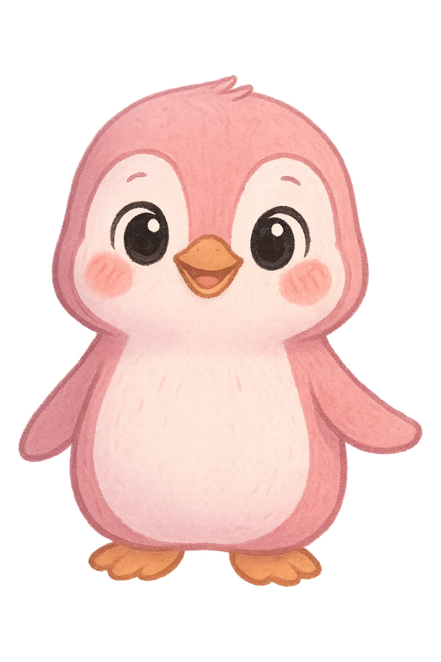 a cute pink penguin, original design, big eyes, blushing cheeks, joyful sticker